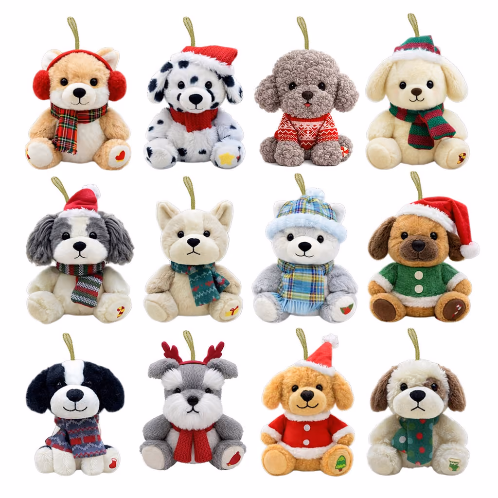 The twelve plush dog ornaments from the dog version, each in a scarf, hat or sweater
