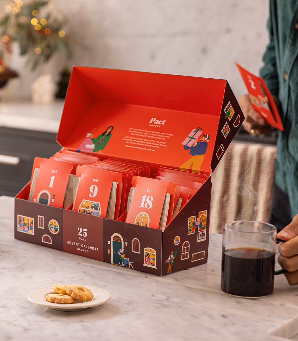 The open calendar on a kitchen counter with a cup of coffee and biscuits