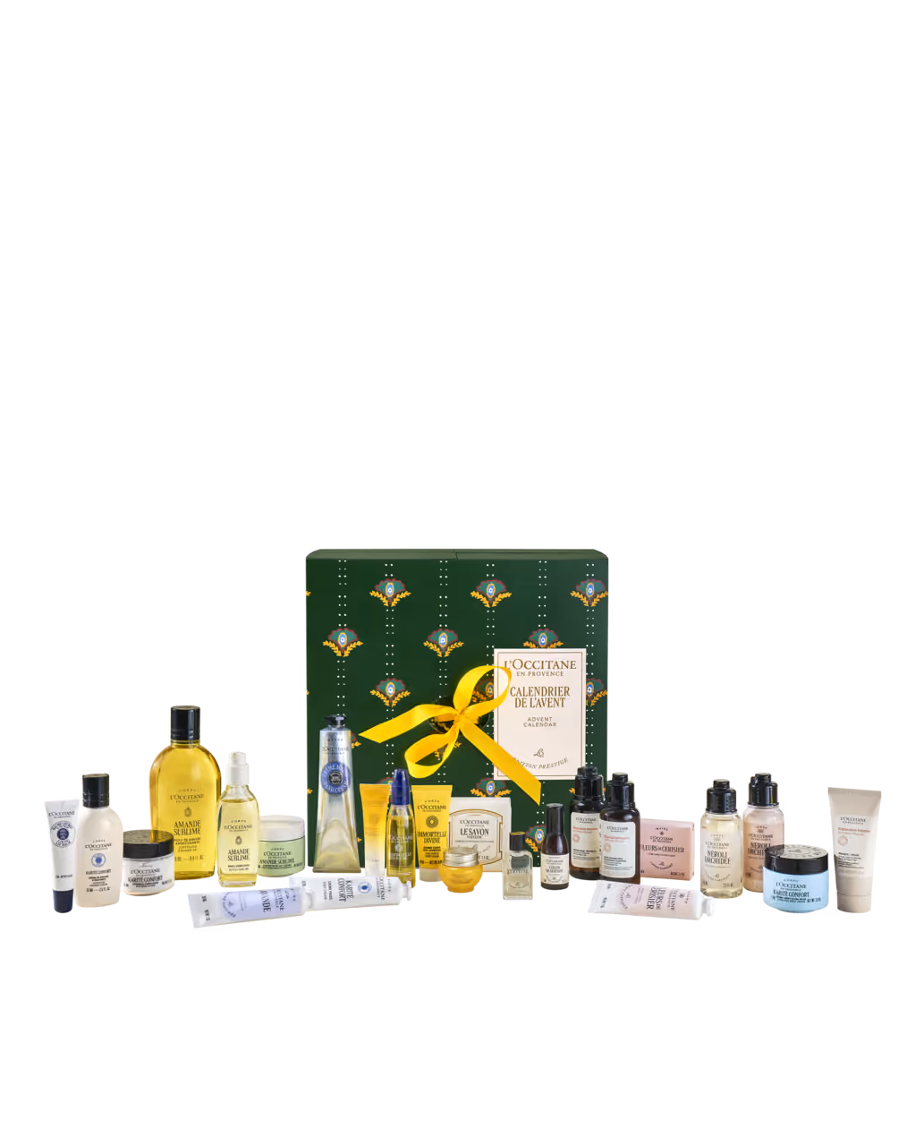 The green box with the 24 products lined up in front of it on white