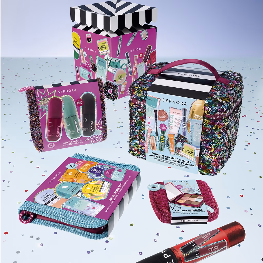 The sequinned Premium 2026 vanity case beside the pink box and its contents