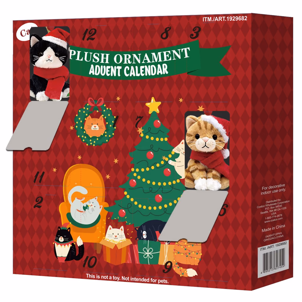 The red cat version of Costco's plush ornament calendar