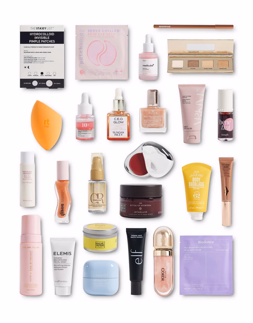 All 25 products from the ASOS Face + Body 2026 calendar laid flat on white