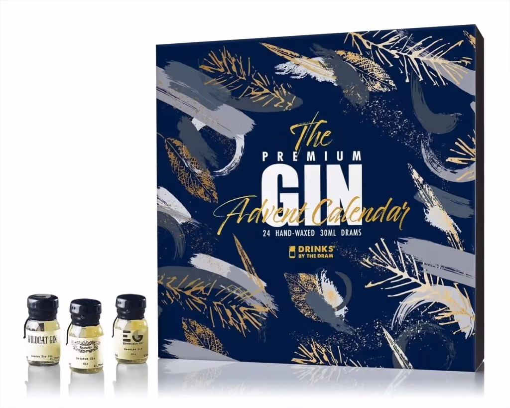 The Premium Gin box with three drams standing beside it