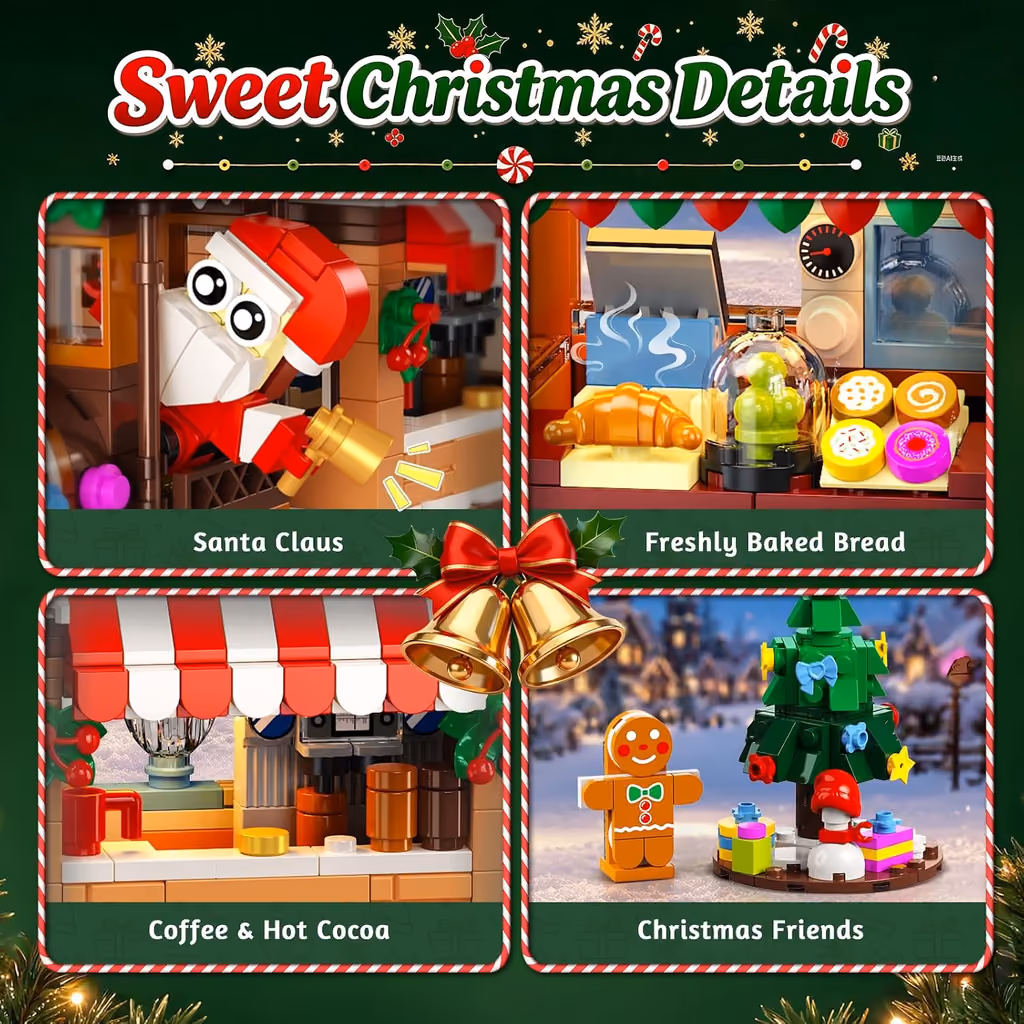Close-ups of Santa, the bakery, the coffee shop and the tree