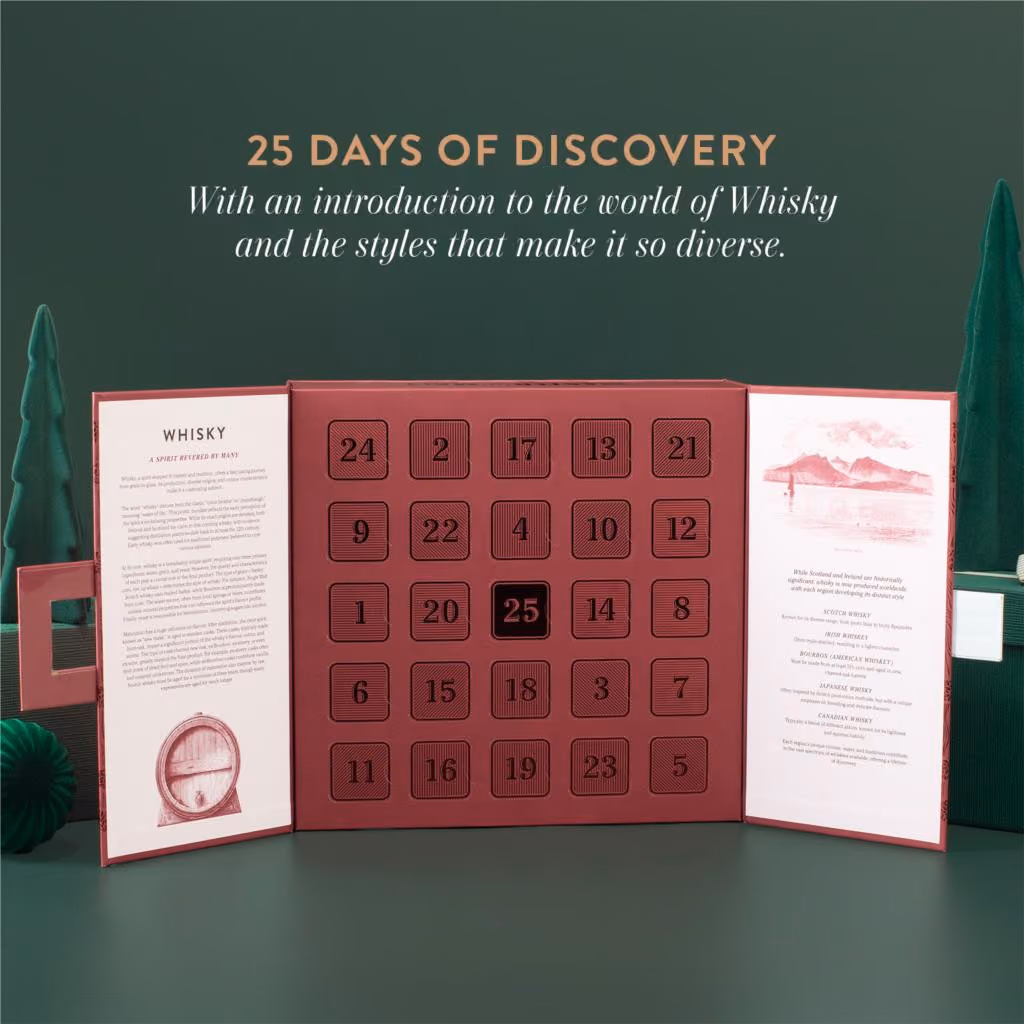 The Master of Malt calendar open like a book, 25 numbered doors with the guide printed in the cover