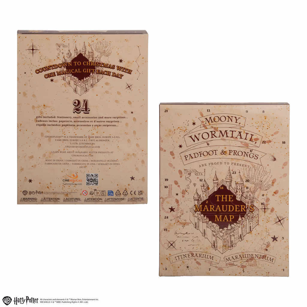 The back of the Marauder's Map 2026 box, with its '24 gifts' panel, beside the front