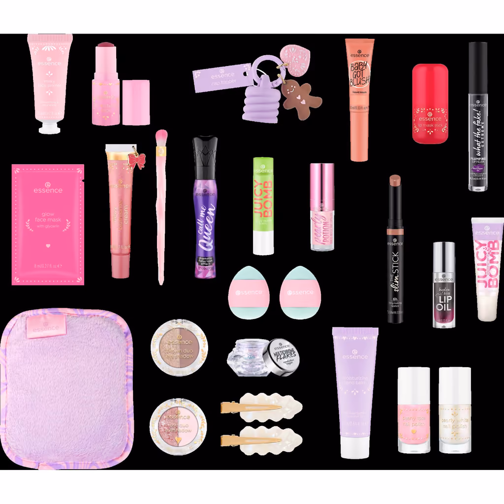 All 24 products from the Essence Holiday Tree 2026 calendar laid flat — lip products, nail polish, a pouch and tools