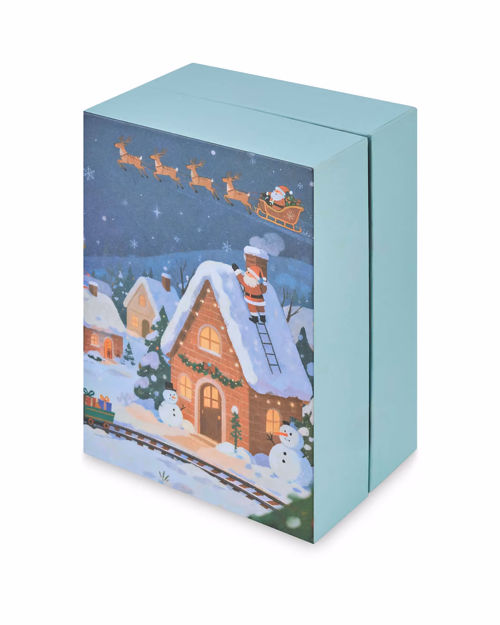 The teal box on its own, Santa on the cottage roof and reindeer across the sky