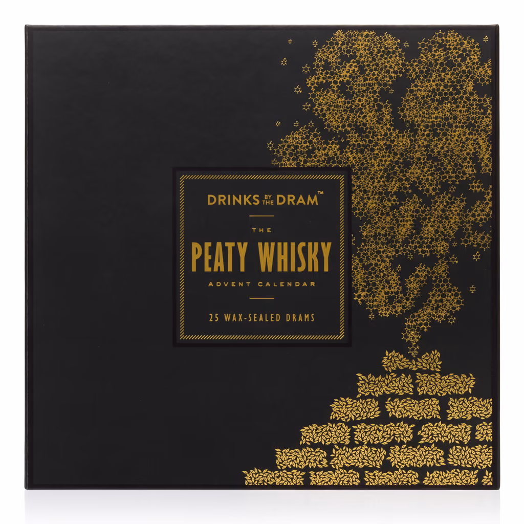 The black Drinks by the Dram box with gold smoke rising from a printed stack of peat, closed