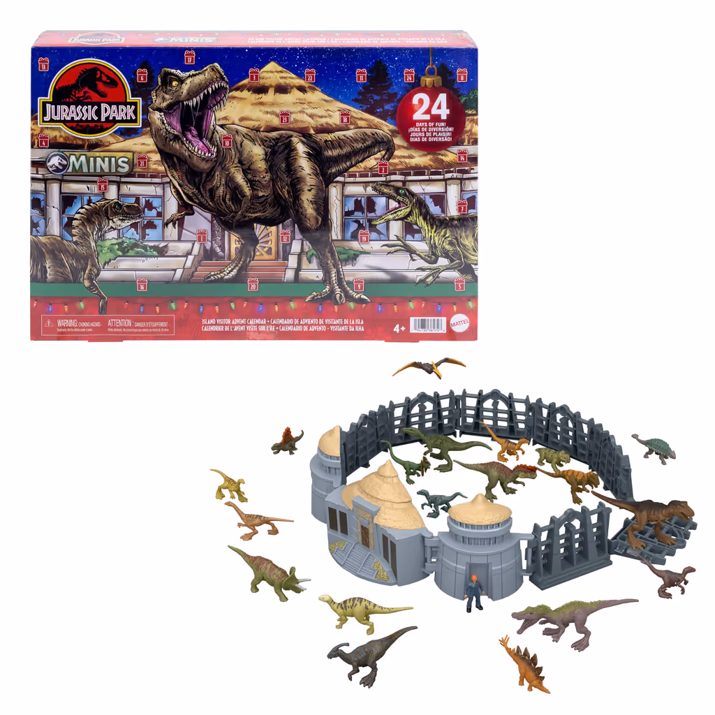 The Visitor Center calendar box with the dinosaurs and scenery pieces laid out in front of it