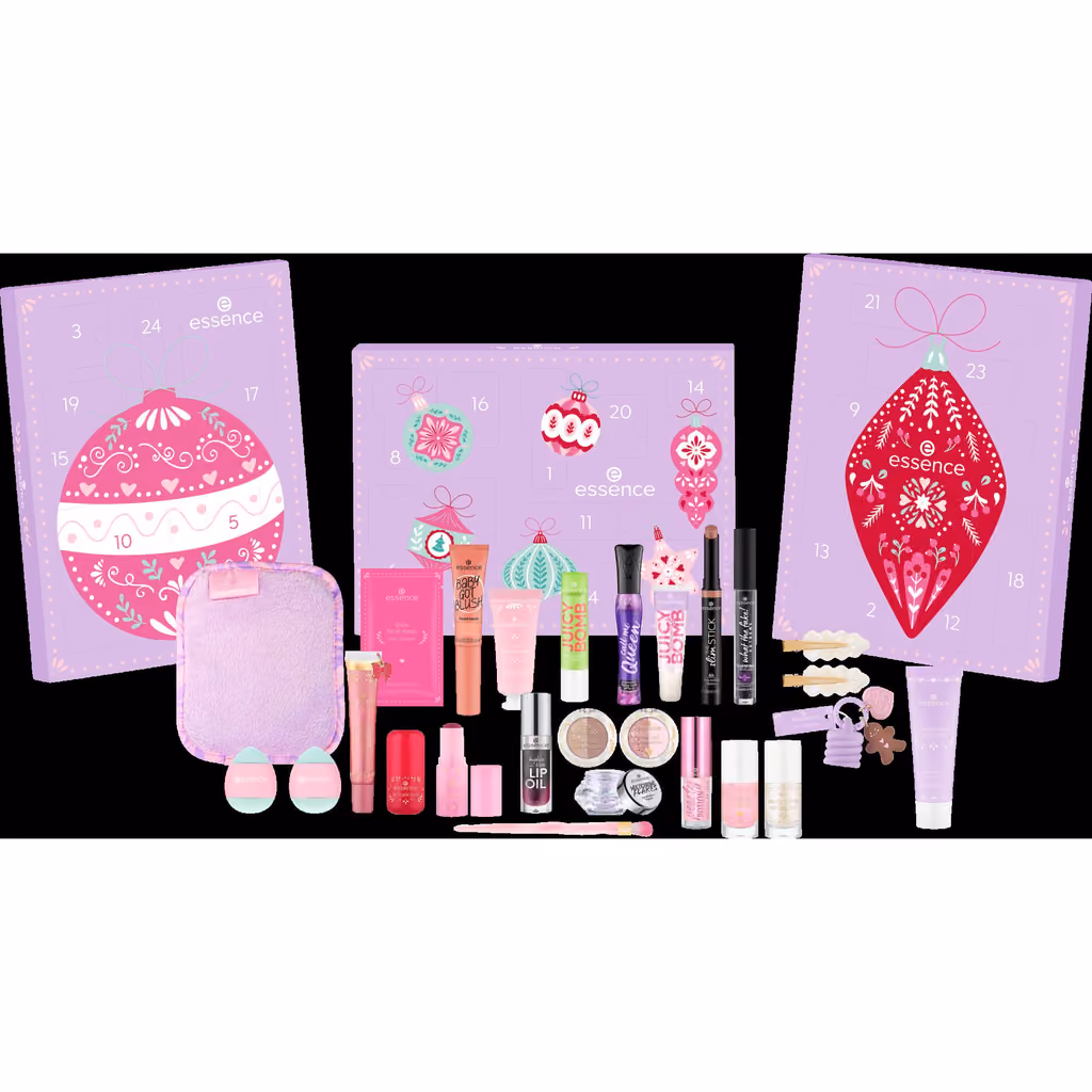 The Holiday Tree panels standing with the 24 Essence products lined up in front of them