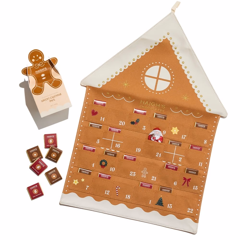 The fabric house with the gingerbread-man filling box and foiled squares beside it