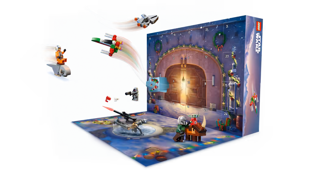 The LEGO Star Wars 2026 calendar opened out, with the Mandalorian builds arranged on its fold-out scene