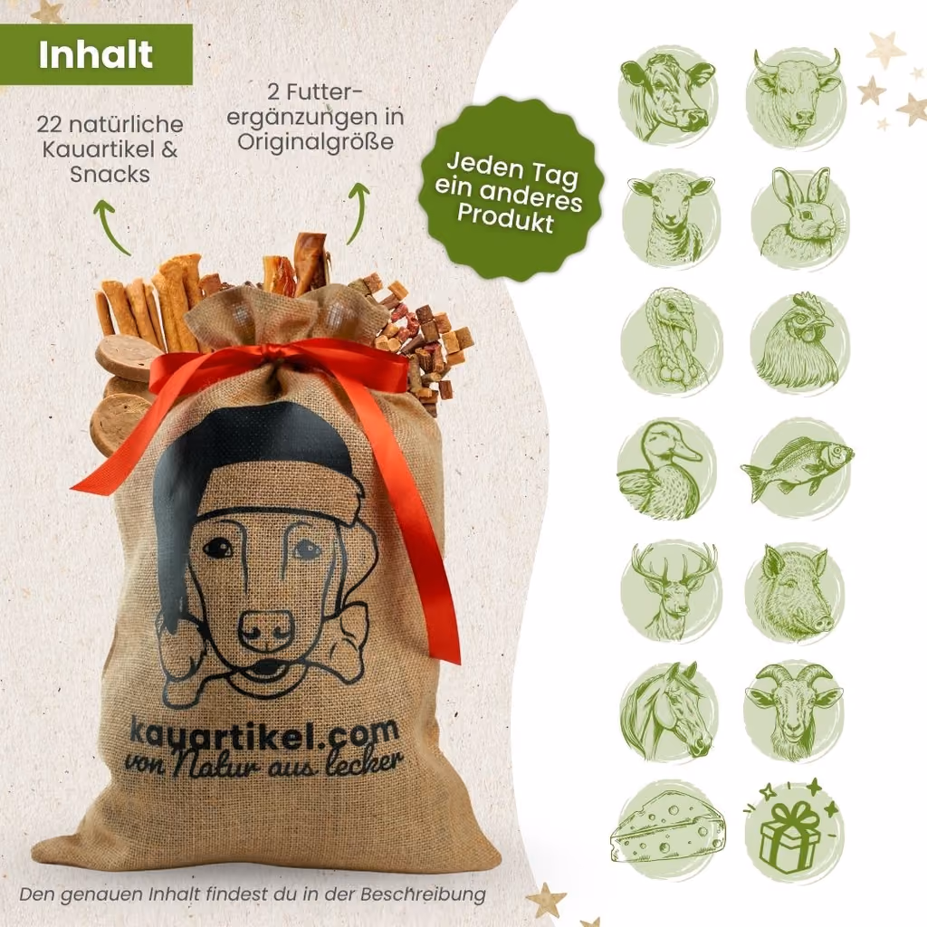 The contents panel: 22 natural chews and snacks and two supplements
