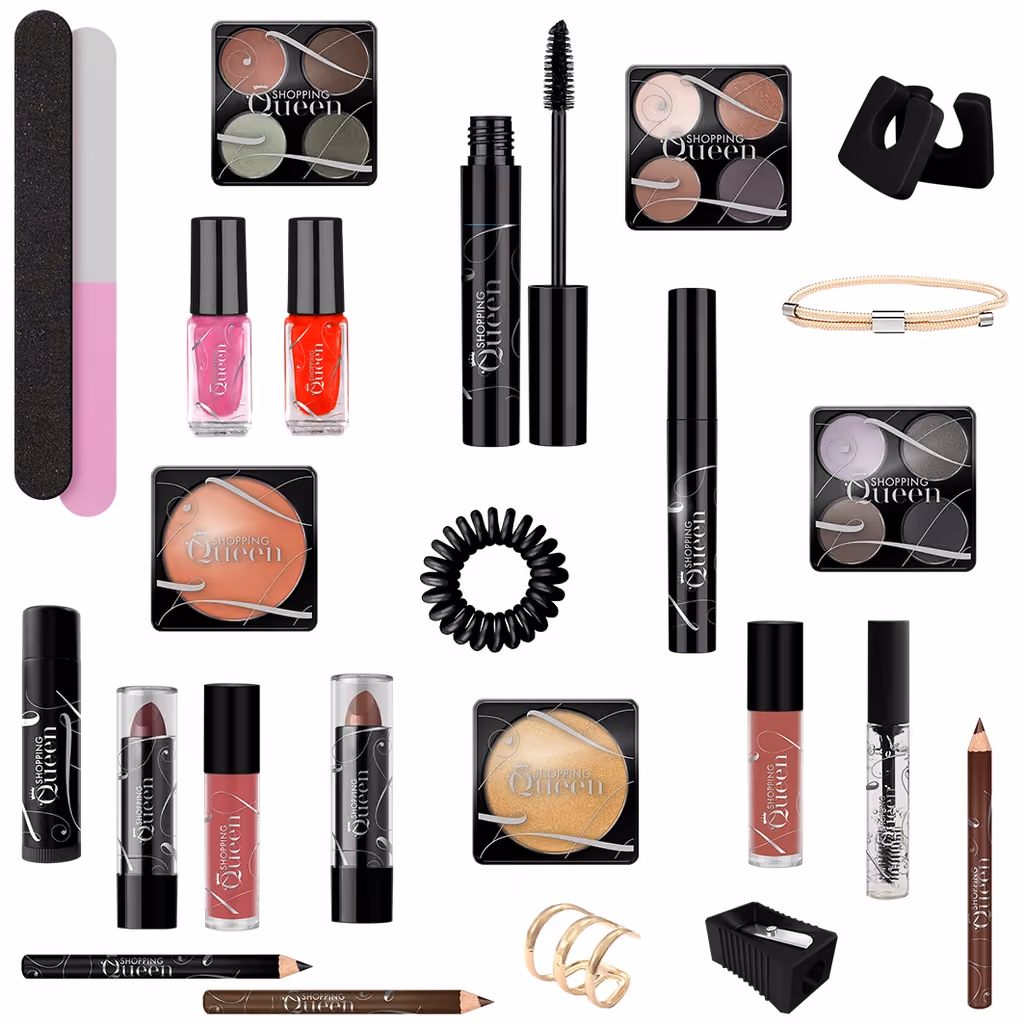 Lipsticks, glosses, nail polishes, palettes, pencils, a mascara and the small accessories laid out on white