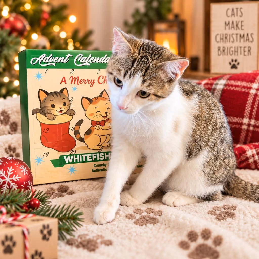 A kitten sniffing the calendar by a Christmas tree