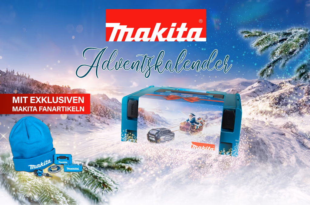 Makita's key visual for the 2026 calendar: the MAKPAC in the snow with the beanie and keyring beside it