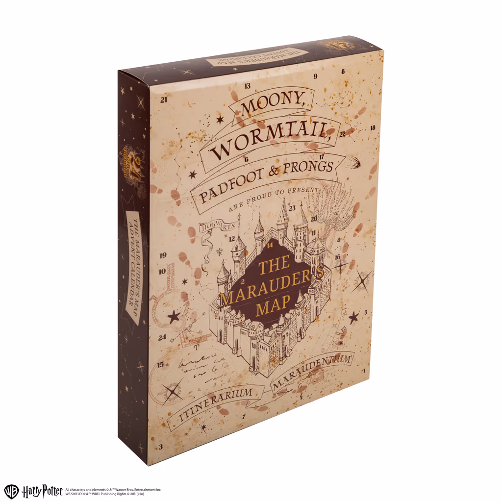 The Marauder's Map 2026 box at an angle, showing its spine and the numbered windows on the front