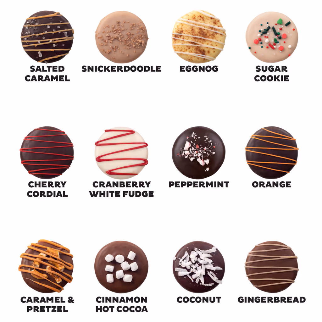 The twelve fudge-dipped cookies laid out with their flavour names