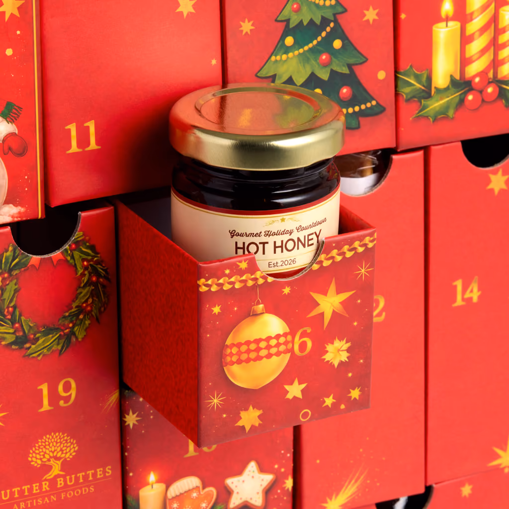 An open drawer holding a small jar of hot honey