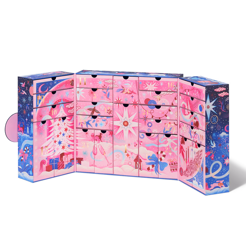 The Space NK 2026 calendar fully open and empty, showing the 25 drawers inside