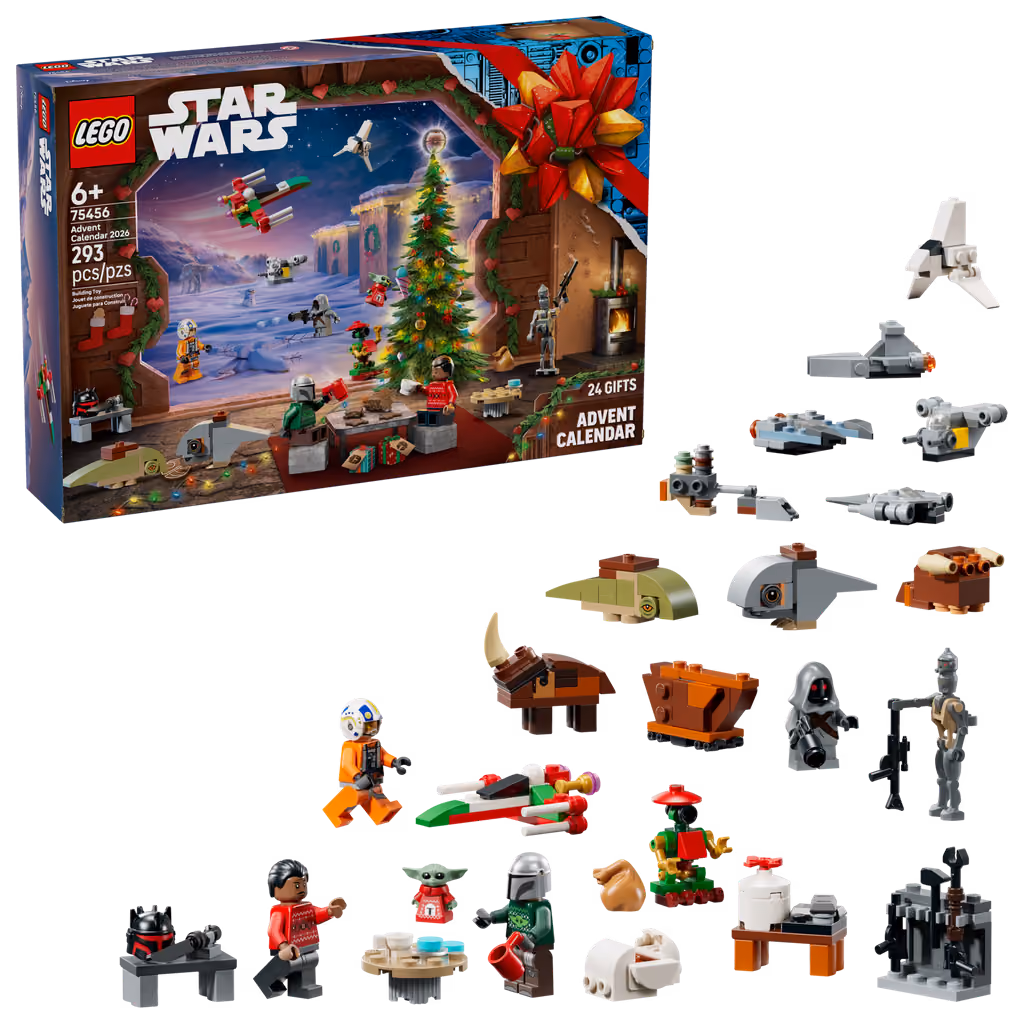 All 24 builds from the LEGO Star Wars 2026 calendar lined up beside the box