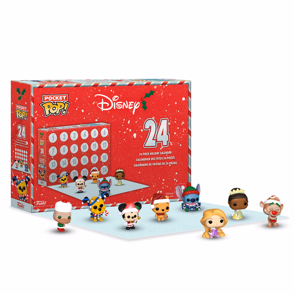 The Funko Disney 2026 calendar opened, with Pocket Pop figures of Mickey, Stitch and friends standing on its tray