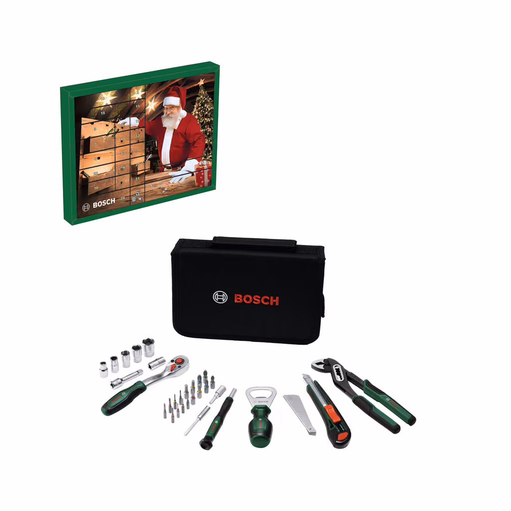 The Bosch DIY 2026 box with all 44 pieces laid out in front of it — pliers, ratchet, sockets, bits and the knife