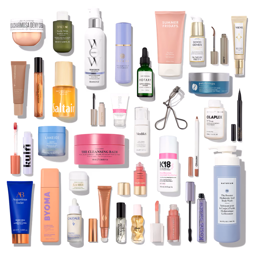 All 35 products from the Space NK 2026 calendar laid flat on white