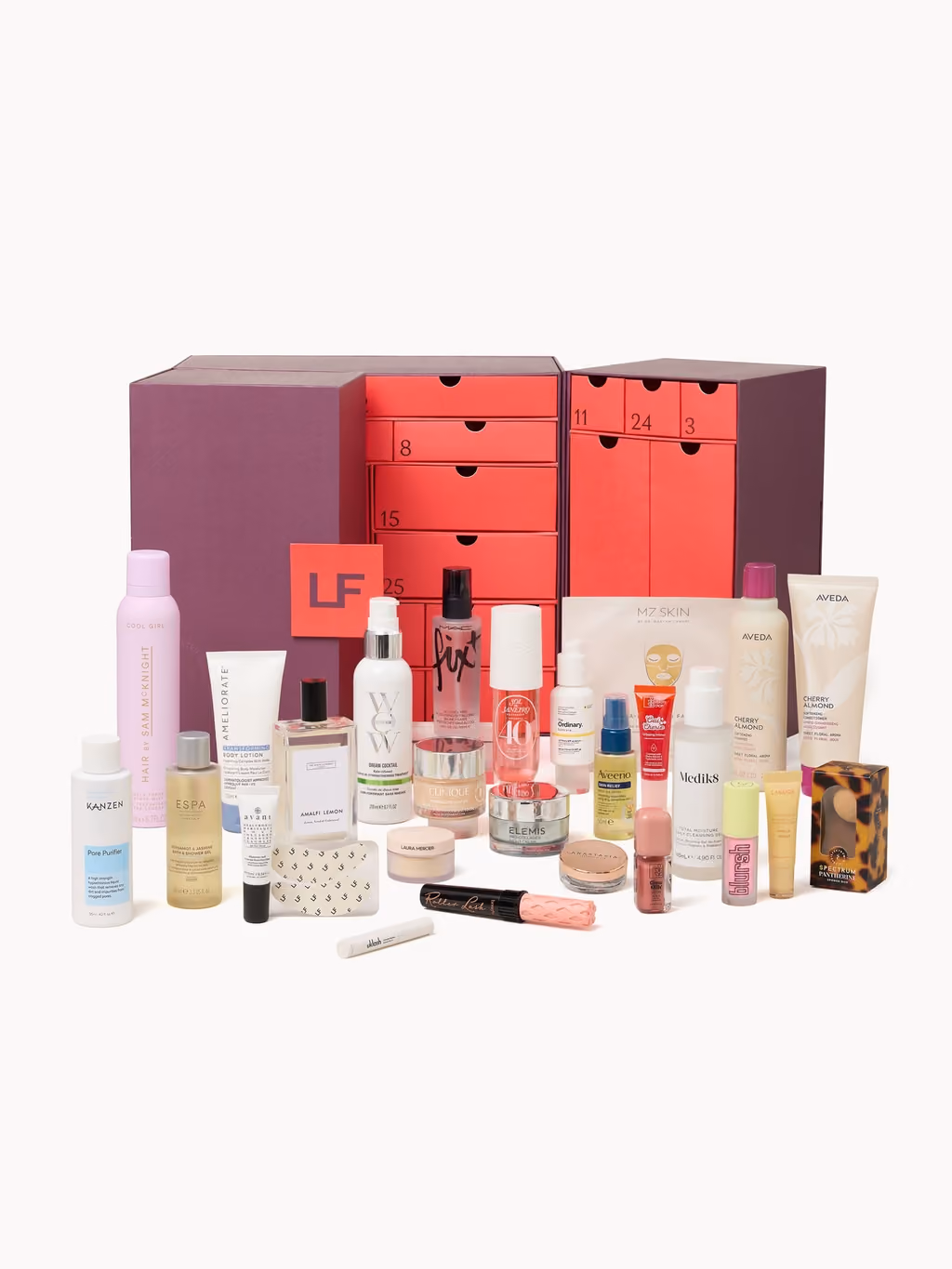 The plum LF box open, its drawers pulled out, with the 27 products standing in front of it
