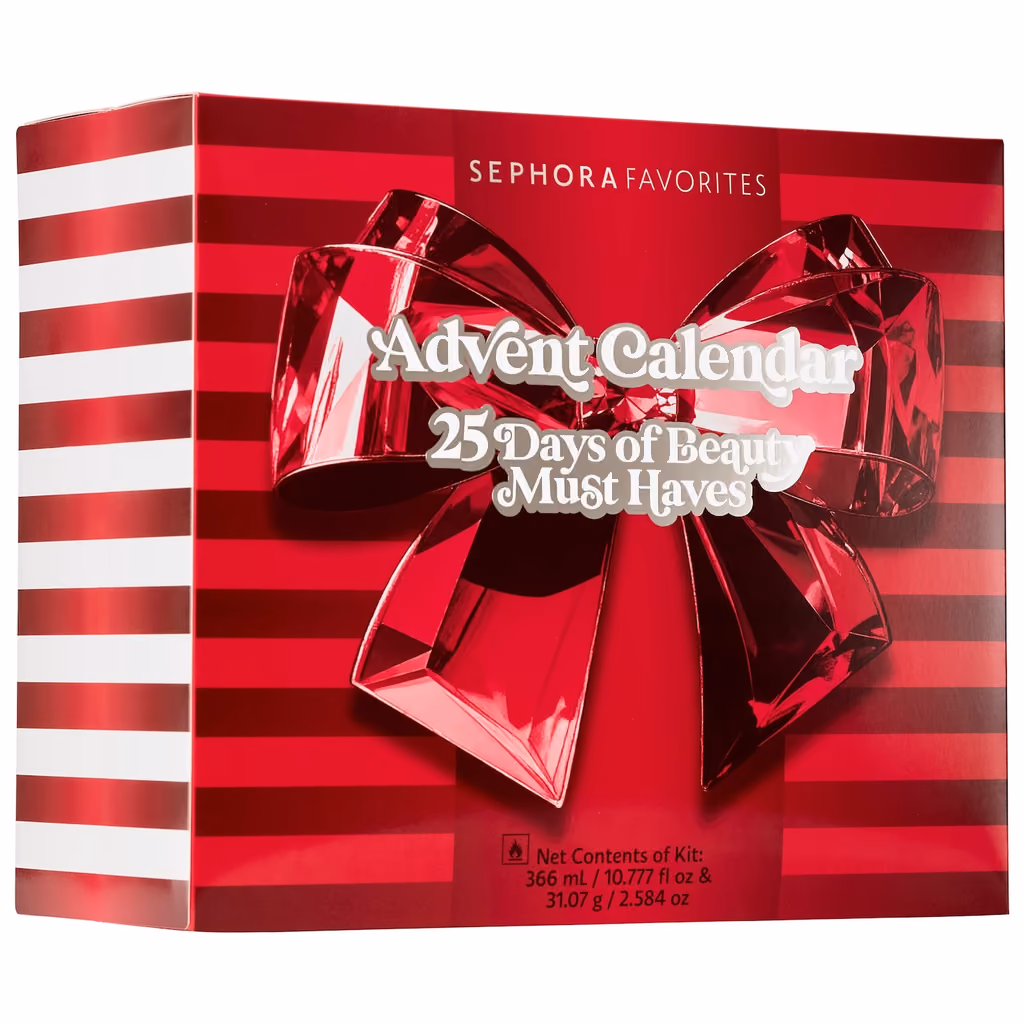 The 25 Days of Beauty Must Haves box at an angle, sealed, with its red bow