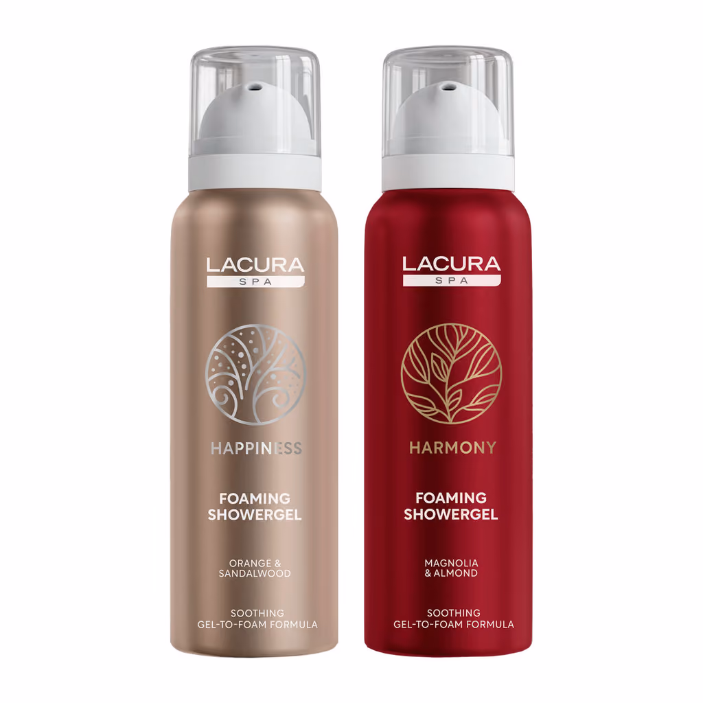 Two Lacura Spa foaming shower gels, Happiness and Harmony