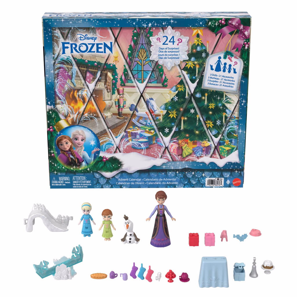 The Frozen calendar box with the three dolls, Olaf and the play pieces laid out in front of it