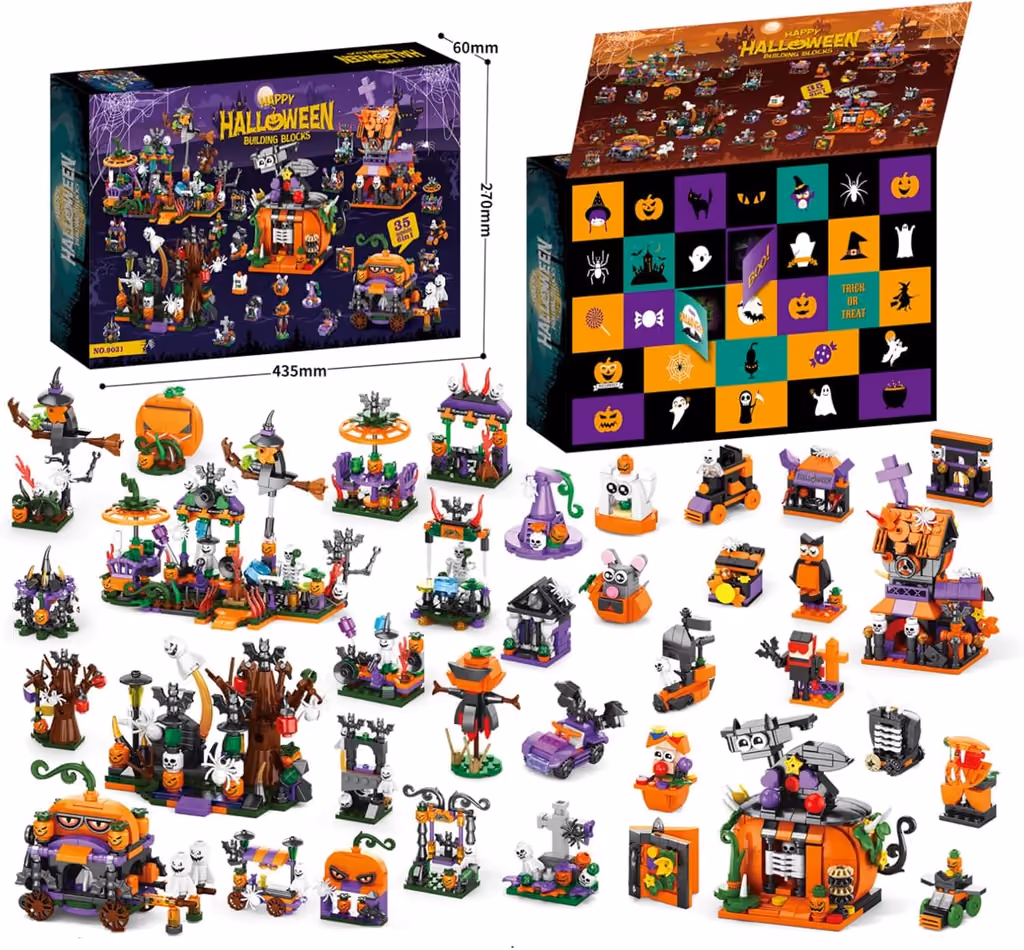 The box with the 24 built Halloween scenes spread out below it