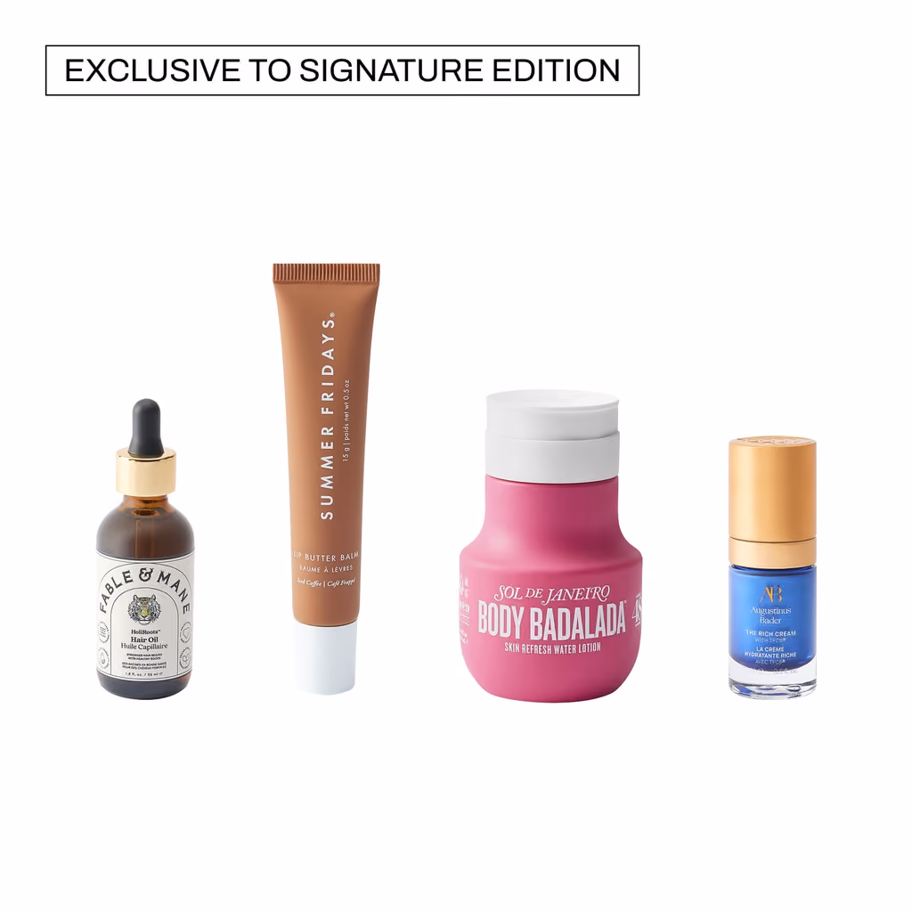 Cult Beauty's board of the items exclusive to the Signature Edition — Fable & Mane hair oil, Summer Fridays lip balm and Sol de Janeiro lotion among them