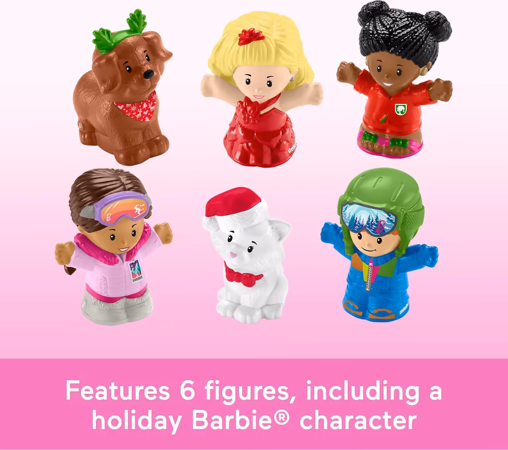 The six Little People figures, a holiday Barbie, friends and two pets