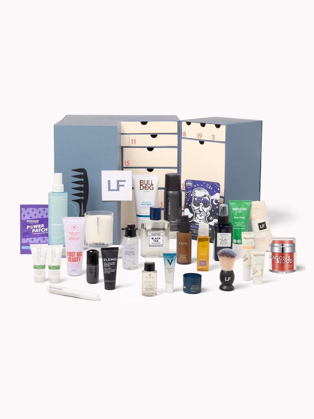 The slate-blue LF box open with its drawers out and the 27 products in front of it