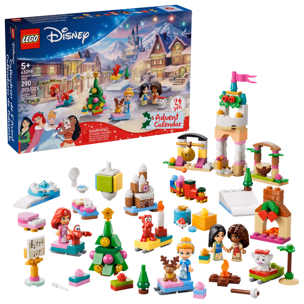 All 24 builds and characters from the LEGO Disney Princess 2026 calendar lined up beside the box