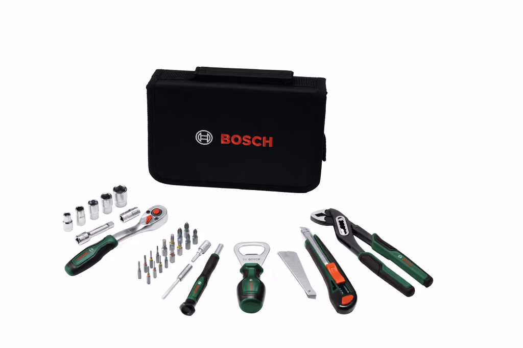 The Bosch 2026 calendar box with the tool roll and tools spread out beside it