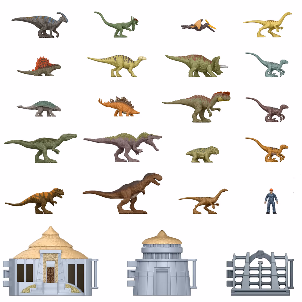 All 19 mini dinosaurs, the human figure and the four scenery pieces laid out on white